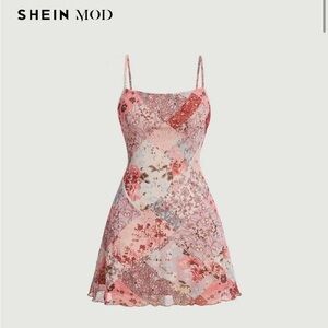 SHEIN Pink and Red Floral Patchwork Mini Dress